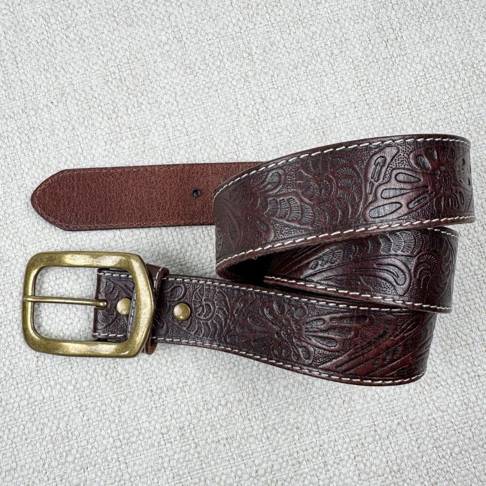 Western Floral Tooled Full Grain Leather Belt  1-1/2" Wide Gold Buckle Size 36